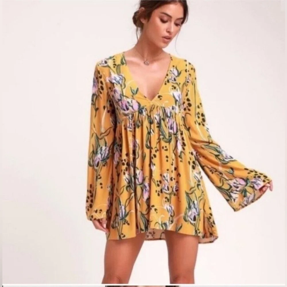 FREE PEOPLE Bella Floral Print Tunic XS Yellow Boho Babydoll Long Sleeve Top